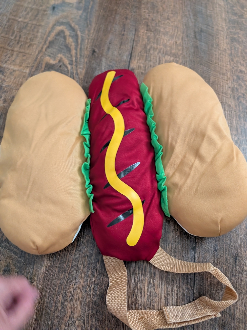 Dog Hot Dog Costume in Tan, Red & Green